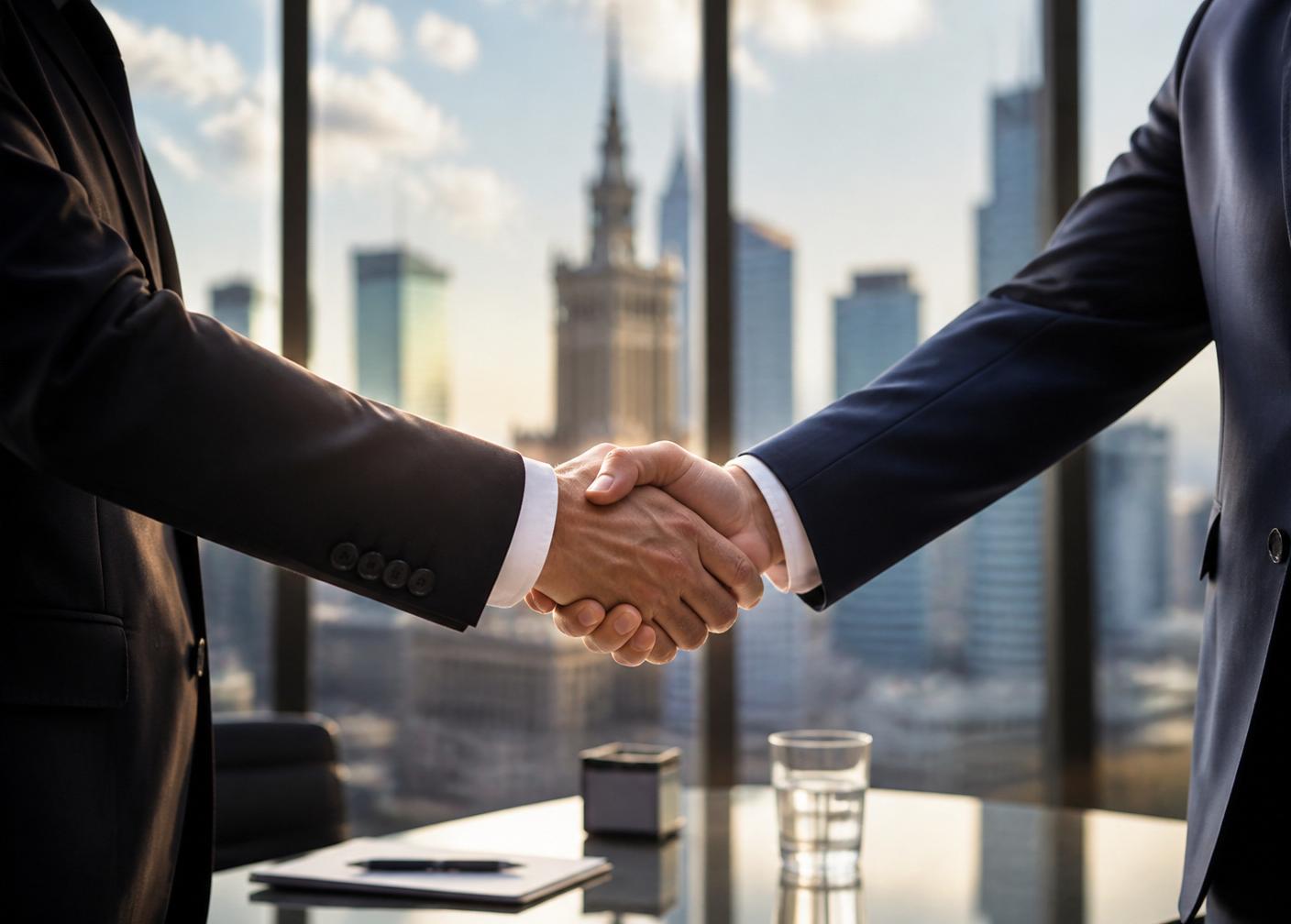 Business partnership handshake with Warsaw skyline