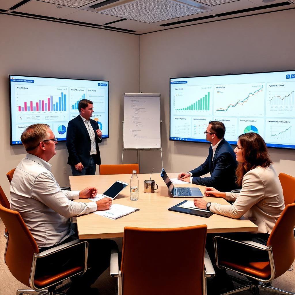 Corporate consulting strategy workshop with KPI dashboards in a Warsaw office