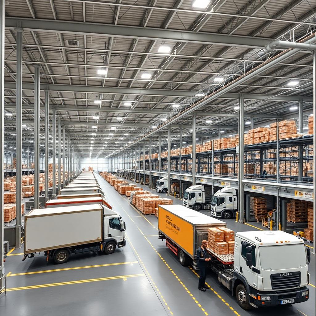 Polish logistics fulfilment warehouse and trucks supporting supply chain solutions